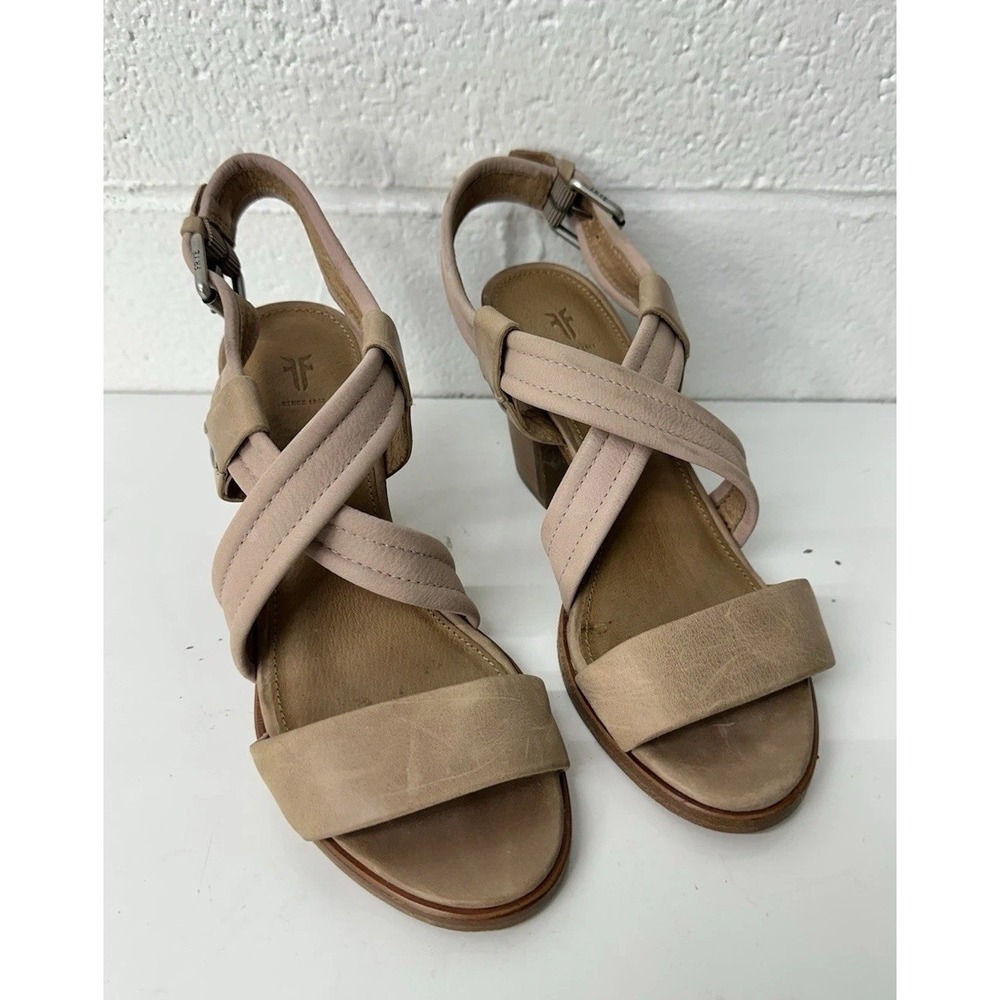 Frye Womens Dani‎ Crisscross Slingback Leather Sandals Heels Cream / Size 6.5